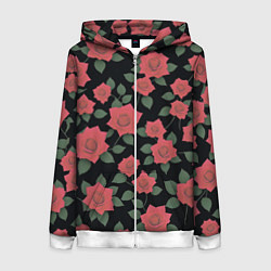 Женская толстовка на молнии Алые розы на черном