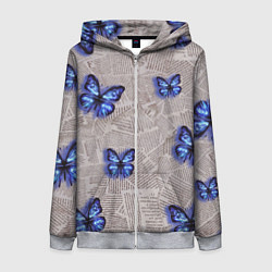 Толстовка на молнии женская Газетные обрывки и синие бабочки, цвет: 3D-меланж