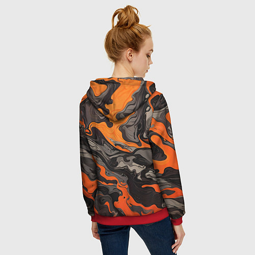 Женская толстовка на молнии Оранжево-черный камуфляж / 3D-Красный – фото 4