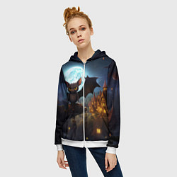 Толстовка на молнии женская Летучая мышка на фоне луны и замка, цвет: 3D-белый — фото 2