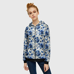 Толстовка на молнии женская Гжель узор паттерн, цвет: 3D-черный — фото 2