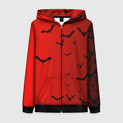 Толстовка на молнии женская Летучие мыши на красном фоне, цвет: 3D-черный