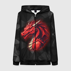 Женская толстовка на молнии Красный дракон на полигональном черном фоне