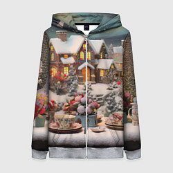 Толстовка на молнии женская Объемные новогодние домики, цвет: 3D-меланж