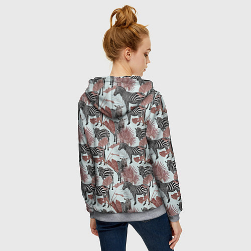 Женская толстовка на молнии Зебры в пальмах / 3D-Меланж – фото 4