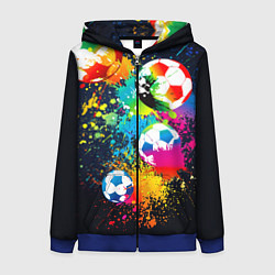 Толстовка на молнии женская Разноцветные футбольные мячи, цвет: 3D-синий