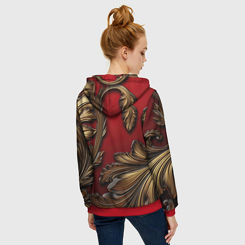 Женская толстовка на молнии Золотые объемные листья на красном фоне / 3D-Красный – фото 4