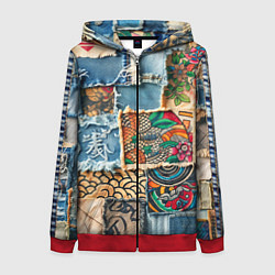 Толстовка на молнии женская Японские мотивы на дениме, цвет: 3D-красный