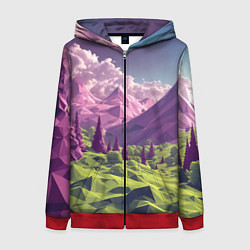 Толстовка на молнии женская Геометрический зеленый пейзаж и фиолетовые горы, цвет: 3D-красный