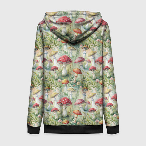 Женская толстовка на молнии Дикие грибы лесные мухоморы / 3D-Черный – фото 2