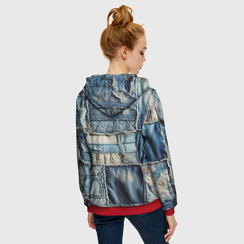 Женская толстовка на молнии Patchwork denim - vogue / 3D-Красный – фото 4