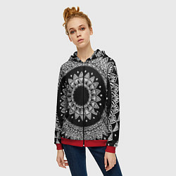 Толстовка на молнии женская Мандала черно-белая с лепестками, цвет: 3D-красный — фото 2