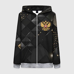 Женская толстовка на молнии Золотой герб России на черно-золотой текстуре