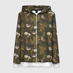 Толстовка на молнии женская Хохлатые синицы и мимоза паттерн, цвет: 3D-белый