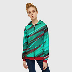 Толстовка на молнии женская Бирюзовый и бордовый абстрактные полосы, цвет: 3D-красный — фото 2