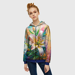 Толстовка на молнии женская Лилии абстракция гранж, цвет: 3D-синий — фото 2