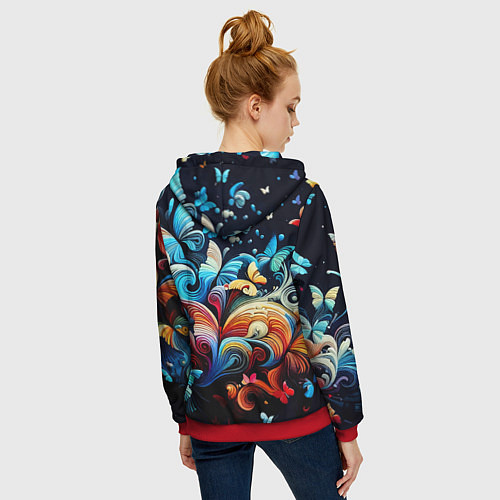 Женская толстовка на молнии Бабочки и цветы в ночи - фантазия / 3D-Красный – фото 4