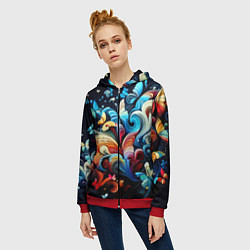 Толстовка на молнии женская Бабочки и цветы в ночи - фантазия, цвет: 3D-красный — фото 2