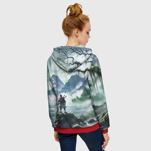 Женская толстовка на молнии Самурай на берегу горного озера - нейросеть / 3D-Красный – фото 4