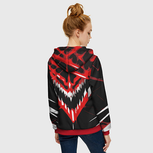 Женская толстовка на молнии Красно-белая пасть на чёрном фоне / 3D-Красный – фото 4