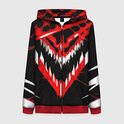 Толстовка на молнии женская Красно-белая пасть на чёрном фоне, цвет: 3D-красный