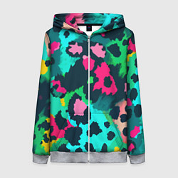 Толстовка на молнии женская Кислотный зеленый леопардовый камуфляж, цвет: 3D-меланж