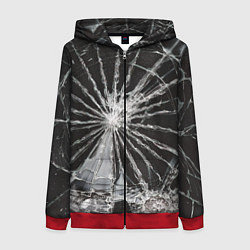Толстовка на молнии женская Треснутое стекло черная текстура, цвет: 3D-красный