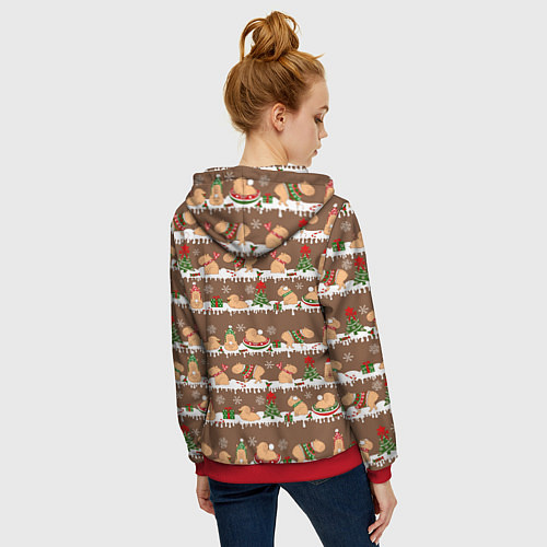 Женская толстовка на молнии Капибары на Новый год и Рождество зимой / 3D-Красный – фото 4