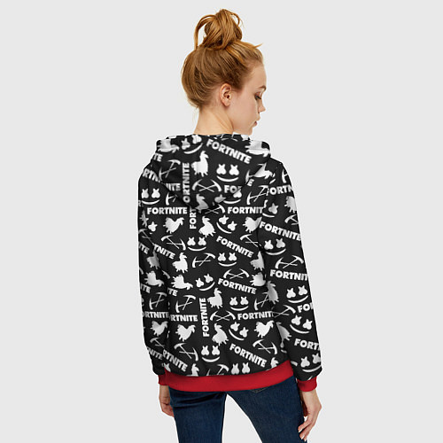 Женская толстовка на молнии Fortnite black pattern / 3D-Красный – фото 4