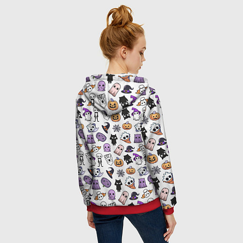 Женская толстовка на молнии Кавайный хэллоуин - призраки и черепа на белом фон / 3D-Красный – фото 4