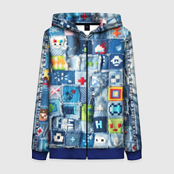 Толстовка на молнии женская Minecraft значки на пэчворк, цвет: 3D-синий