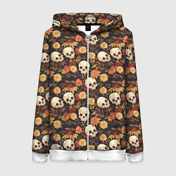 Толстовка на молнии женская Черепа и цветы - паттерн, цвет: 3D-белый