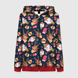 Толстовка на молнии женская Новогодний детский паттерн с животными, цвет: 3D-красный