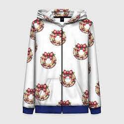 Толстовка на молнии женская Много новогодних пончиков с бантиком и ягодами, цвет: 3D-синий