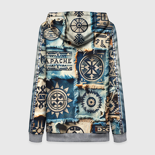 Женская толстовка на молнии Символы Апачи на пэчворк дениме / 3D-Меланж – фото 2