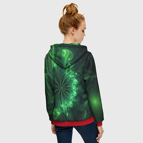 Женская толстовка на молнии Оптический зелёный фрактал / 3D-Красный – фото 4
