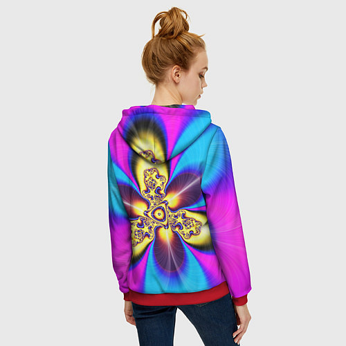 Женская толстовка на молнии Фрактальный неоновый узор абстракция / 3D-Красный – фото 4