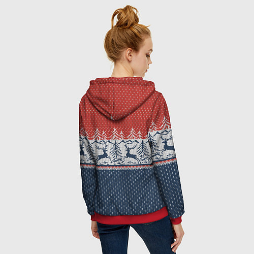 Женская толстовка на молнии Новогодний вязаный узор / 3D-Красный – фото 4