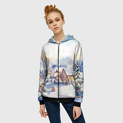 Толстовка на молнии женская Новогодний снежный город, цвет: 3D-черный — фото 2