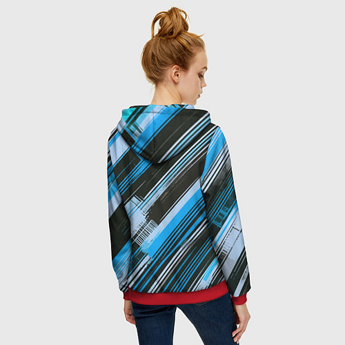 Женская толстовка на молнии Синие диагональные полосы на чёрном фоне / 3D-Красный – фото 4