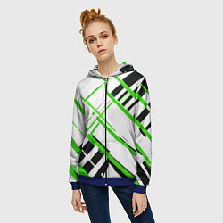 Толстовка на молнии женская Зелёно-чёрные полосы на белом фоне, цвет: 3D-синий — фото 2