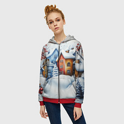 Толстовка на молнии женская Зимний новогодний городской пейзаж, цвет: 3D-красный — фото 2