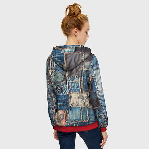 Женская толстовка на молнии Аниме пэчворк деним / 3D-Красный – фото 4