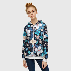 Толстовка на молнии женская Сине-белые цветы на чёрном фоне, цвет: 3D-белый — фото 2