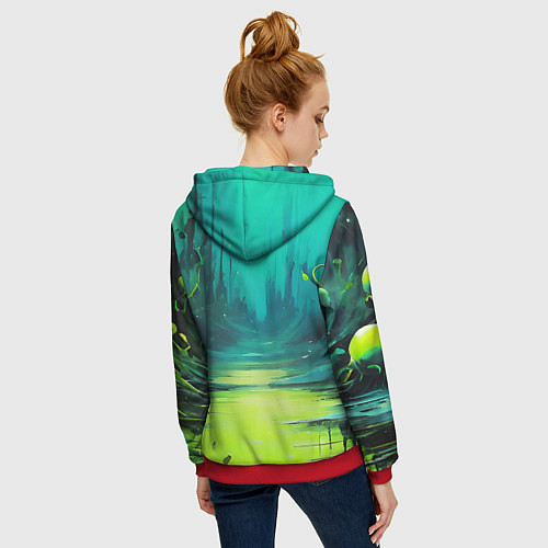 Женская толстовка на молнии Зелёная кислотная абстракция / 3D-Красный – фото 4