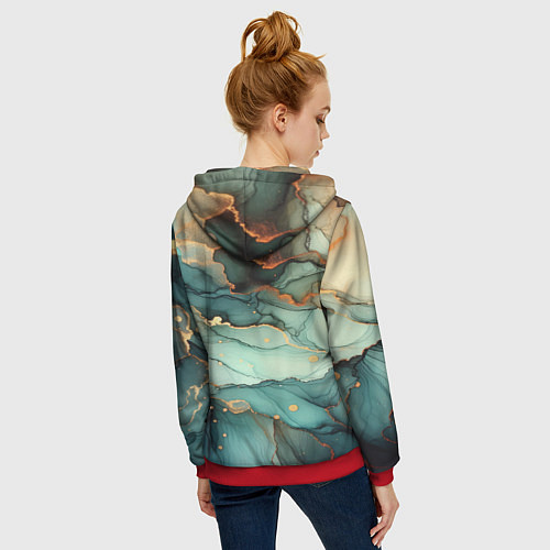 Женская толстовка на молнии Бирюзовый узор с оранжевыми вставками / 3D-Красный – фото 4