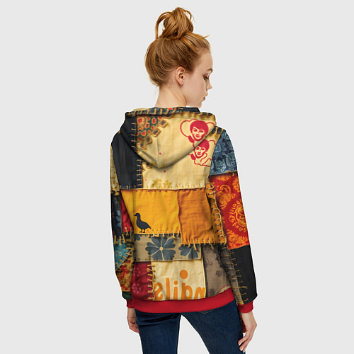 Женская толстовка на молнии Пэчворк с птичкой / 3D-Красный – фото 4