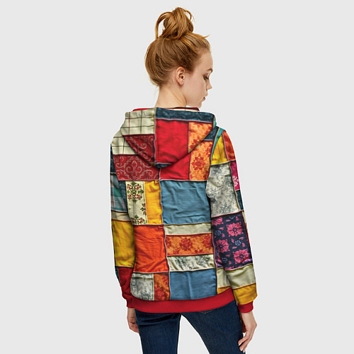 Женская толстовка на молнии Пэчворк из ярких тканей / 3D-Красный – фото 4