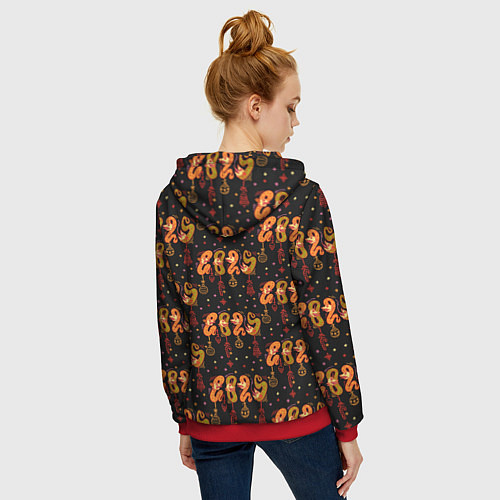 Женская толстовка на молнии 2025 паттерн символ года змей из русского лубка / 3D-Красный – фото 4