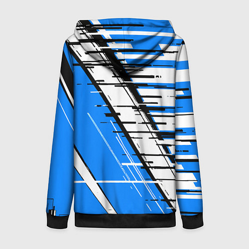 Женская толстовка на молнии Чёрно-белые глитч полосы на синем фоне / 3D-Черный – фото 2